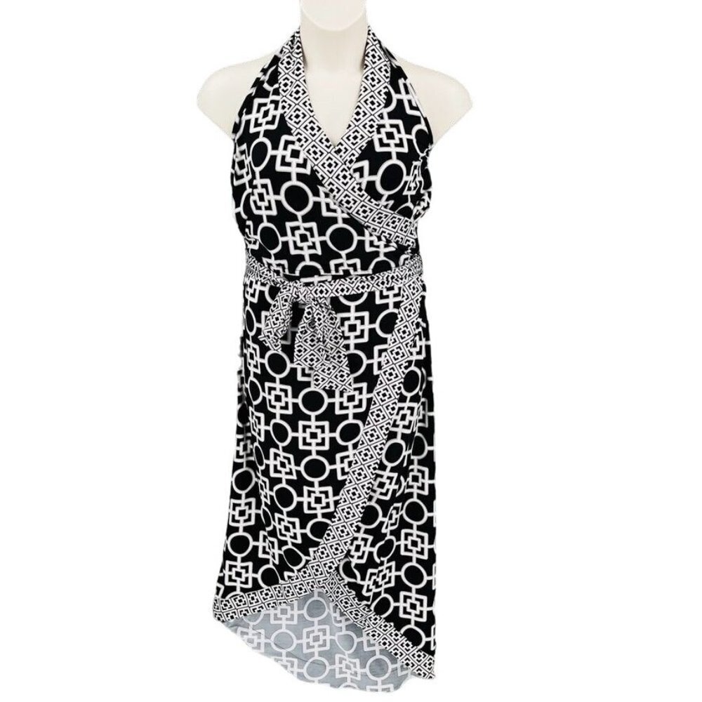 Mud Pie Halter Dress Size M Faux Wrap High Low Hem Black White
